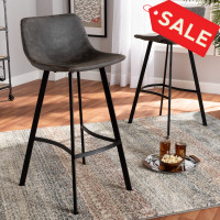Baxton Studio T-18209-Greyish Brown/Black-BS Tani Rustic Industrial Grey and Brown Faux Leather Upholstered Black Finished 2-Piece Metal Bar Stool Set